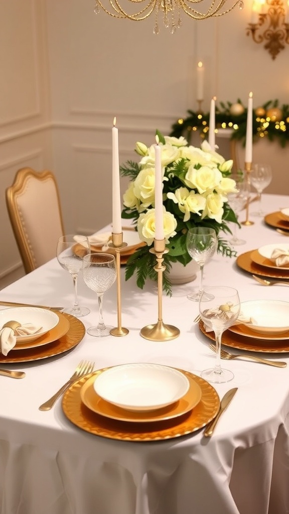 A beautifully arranged Christmas table setting in gold and white with elegant dinnerware and festive decorations.